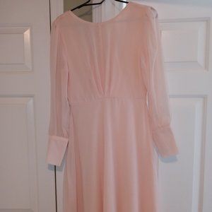 Venus Peachy Pink sheer sleeve midi dress w/beautiful chain & leaf back necklace